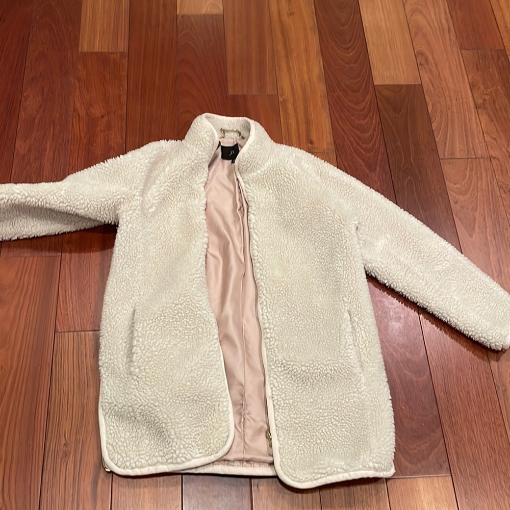 Jcrew shearling coat. warm white with gold zippers xs.